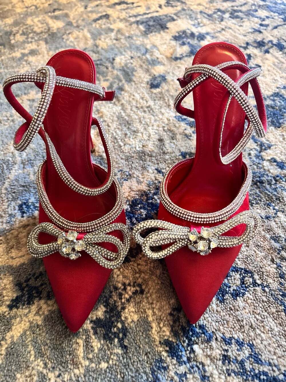 Lulus Lullie Red Satin Rhinestone Heels Sz 7.5